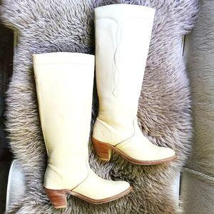 Frye Tall Heeled Cream Cowboy Boot, 5.5